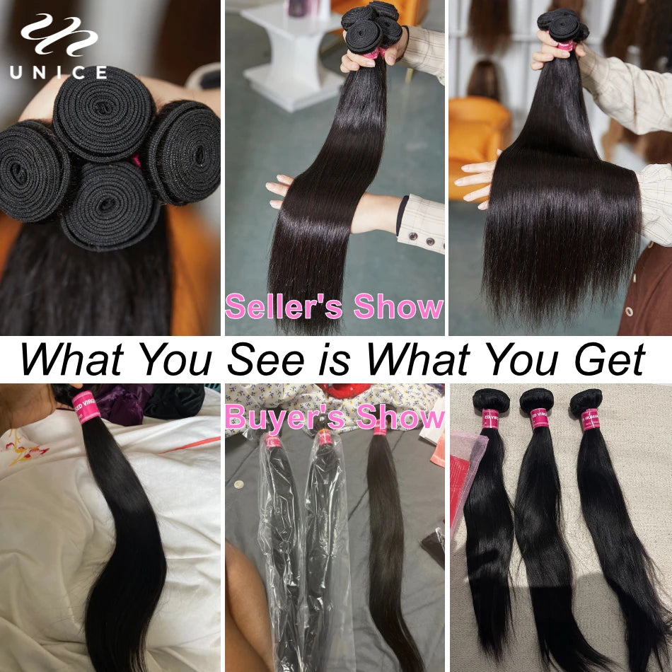 Unice Hair Straight Human Hair Bundles With Closure Natural Color 100% Human Hair 4x4 Lace Closure With 3/4 PCS Deals