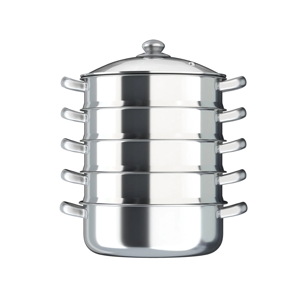 5 Tier  26/28/30/32cm Steame Cooker Steamer Pan Cook Food Veg Pot Stainless Steel Silver w/Glass Lid
