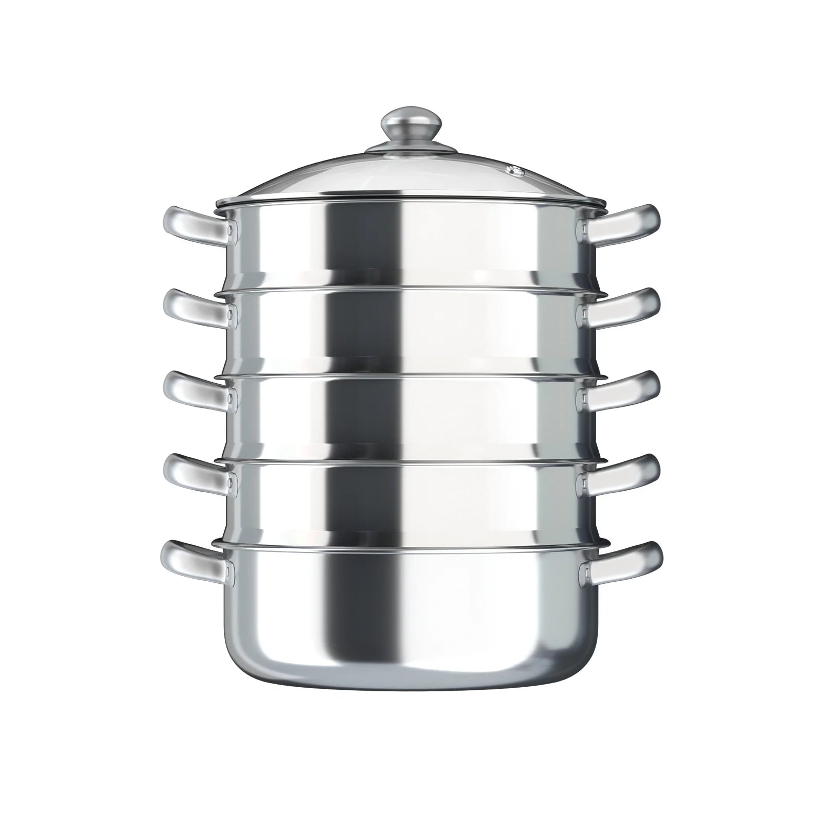 5 Tier  26/28/30/32cm Steame Cooker Steamer Pan Cook Food Veg Pot Stainless Steel Silver w/Glass Lid