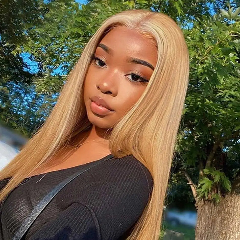 13x6 27# Honey Blonde Colored Human Hair Frontal Wigs Straight 180% 13x6 HD Transparent Lace Front Human Hair Wigs For Women