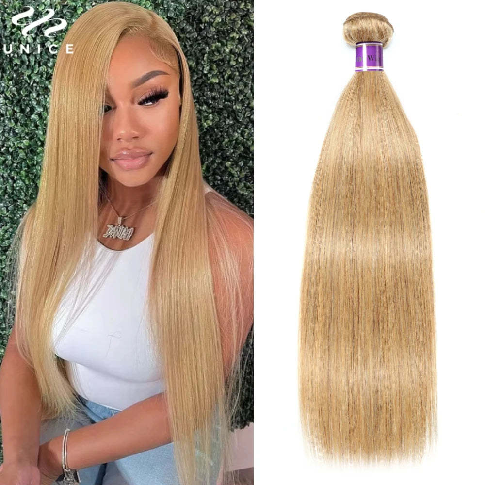 UNice #27 Honey Blonde Human Hair Bundles 3PCS Deal Bone Straight Hair Bundles 100Grams Per Bundle Sew In Extension Quick Weaves