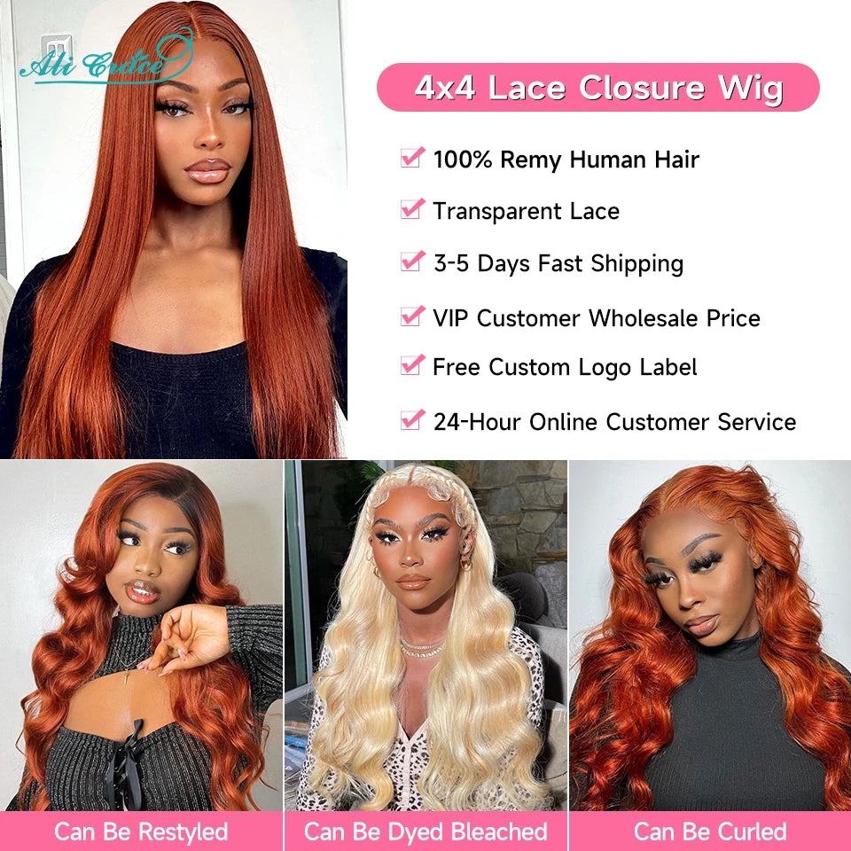 Ali Grace Ginger Orange Straight Human Hair Wigs Transparent 4x4 Lace Closure Wig Preplucked Hairline Human Hair Wigs for Womem