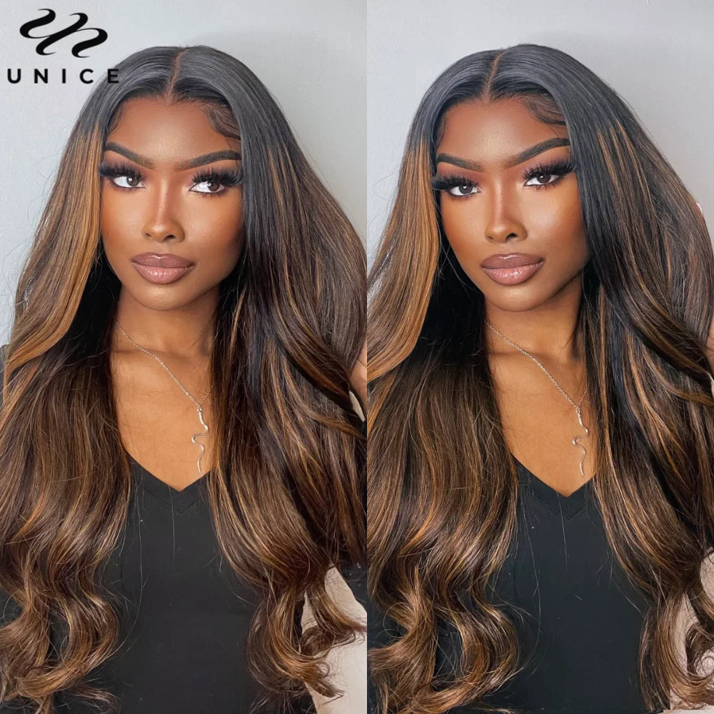 Unice Balayage Brown Body Wave Drawstring Wig 7x5 Pre Cut Pre Bleached Glueless Wig 13x4 Human Hair Lace Frontal Wig 150%Density