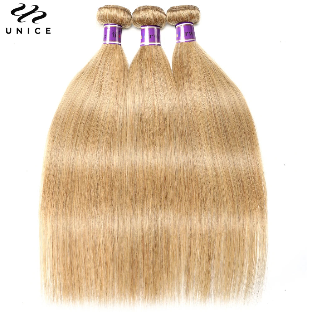 UNice #27 Honey Blonde Straight Bundles 1/3/4 PCS Deal 100% Human Hair Bundles 100Grams Per Bundle Sew In Quick Weaves