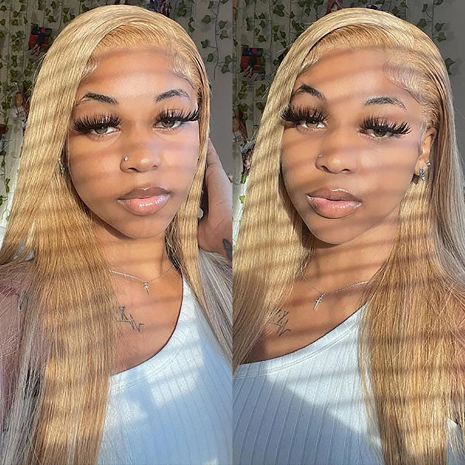 13x6 27# Honey Blonde Colored Human Hair Frontal Wigs Straight 180% 13x6 HD Transparent Lace Front Human Hair Wigs For Women