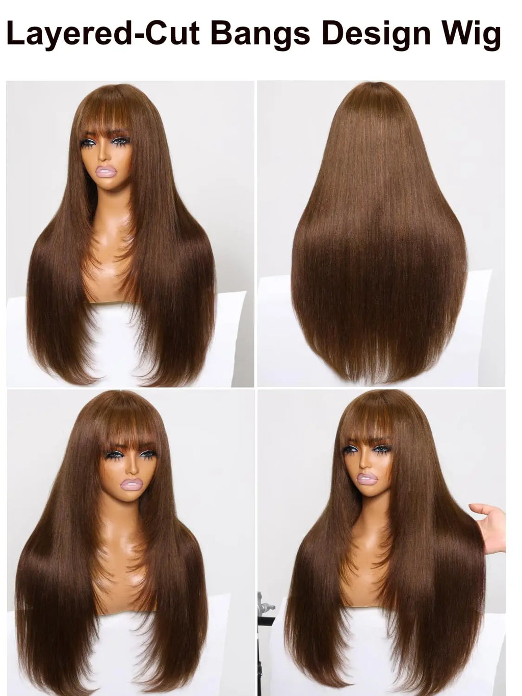 Unice Hair Yaki Straight #4 Brown Human Hair Wig With Bangs Layered Cut Middle Part 4x2 Lace Front Human Hair Wig 150% Density