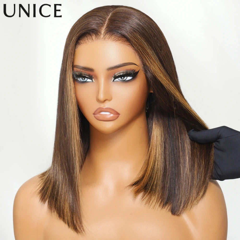 Unice Espresso Brown With Highlights Straight Bob Wig 7x5 Pre Cut Pre Bleached Glueless Wig Human Hair Ready To Wear 150%Density
