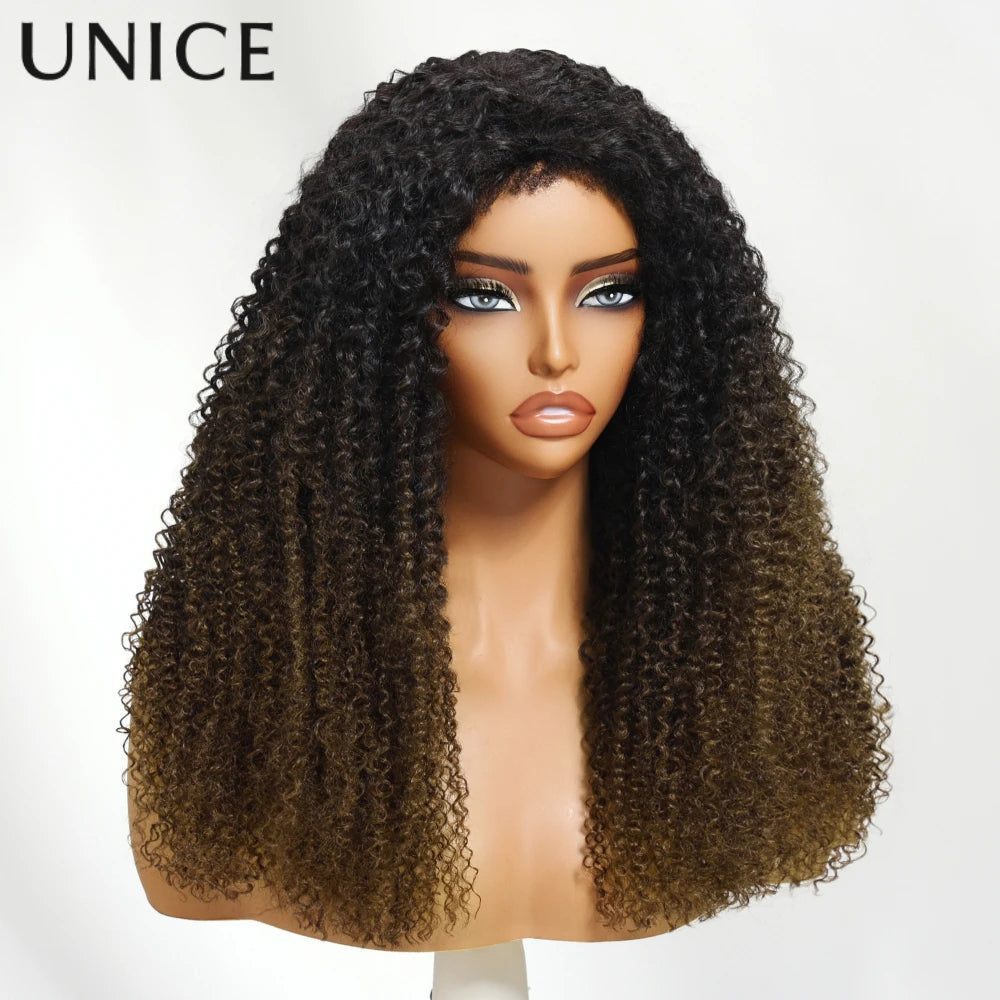 UNice Hair Chestnut Brown Ombre Kinky Curly Half Wigs With 4C Edges & Invisi Drawstring 100% Human Hair Glueless Flip Over Wig