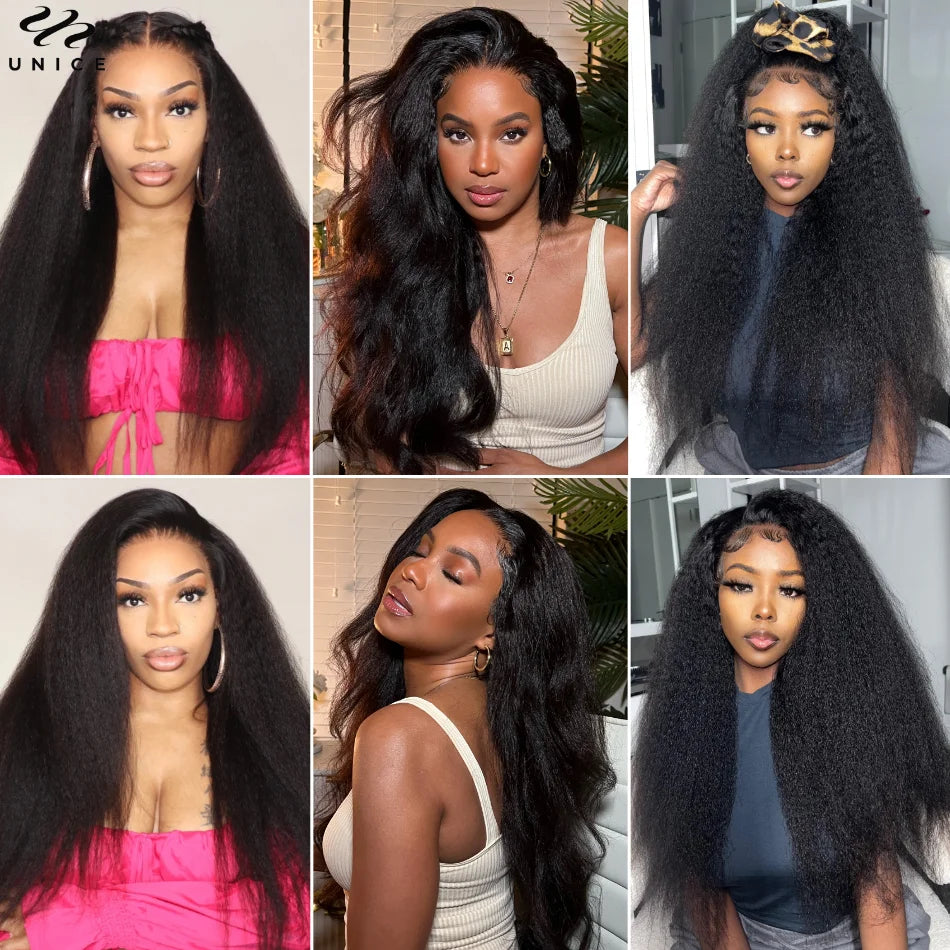 UNice Pre Everything 13x4 Lace Front Kinky Straight Human Hair Wigs Pre Cut Pre Bleached Pre Plucked Lace Frontal Wigs