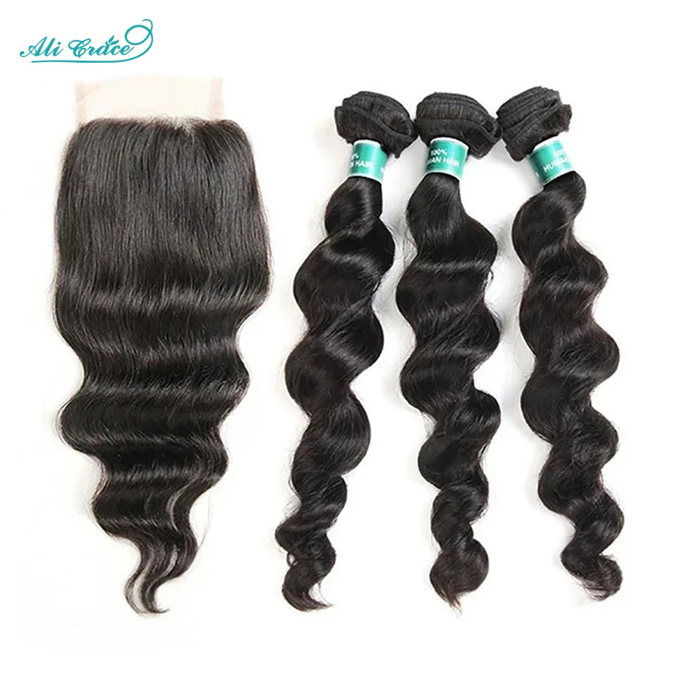 Ali Grace Hair Brazilian Loose Wave Bundles With Closure Transparent 100% Remy Hair 3 Bundles With 4x4 Lace Closure Middle/Free