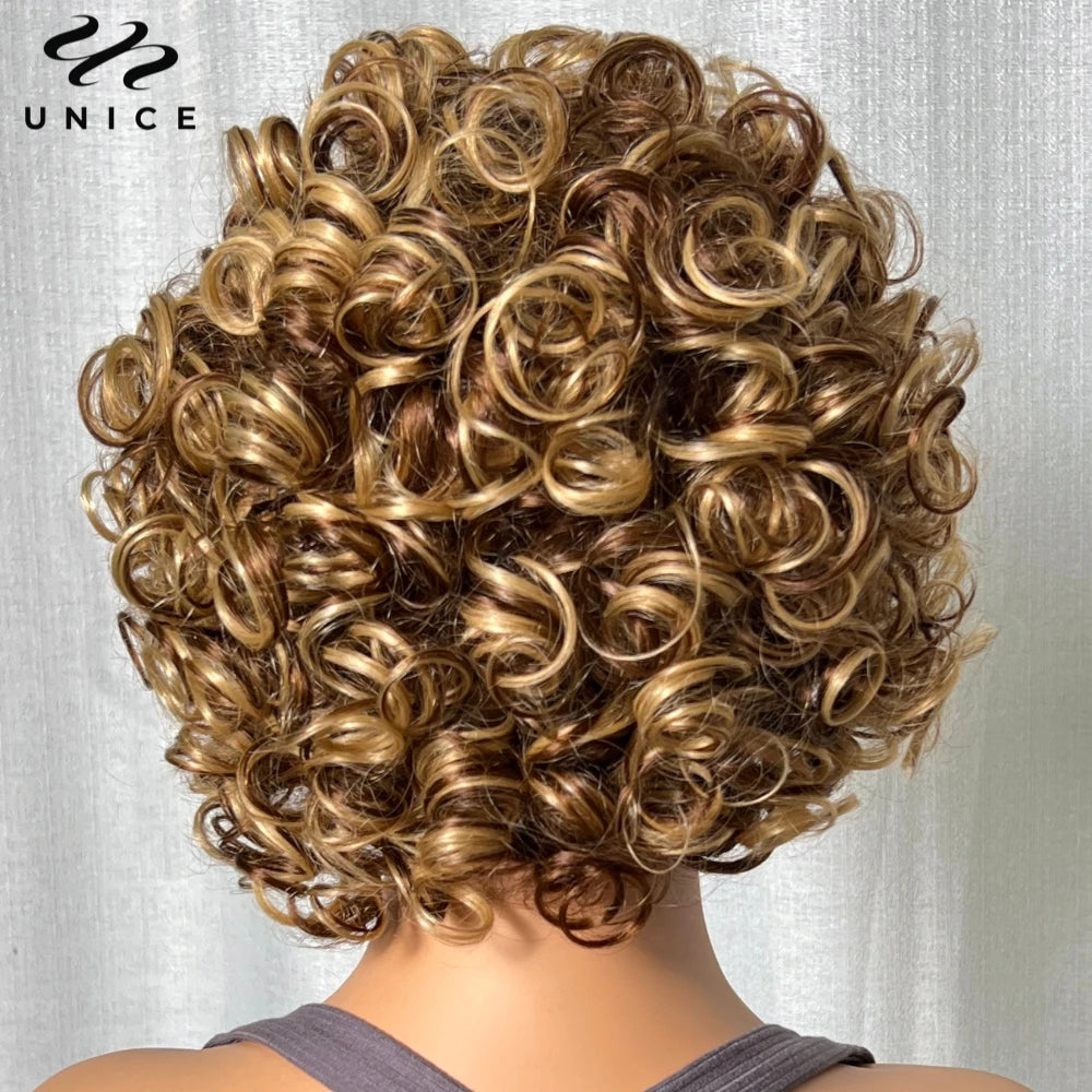 UNice Hair Blonde Curly Wig 100% Human Hair Bouncy Curly Wig with Bangs Open Cap Machine Wigs for Women 8Inch Short Afro Wig