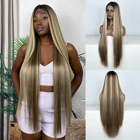 Premium 38 Inch Synthetic Lace Front Wig - Long Straight Heat Resistant Hair for Women