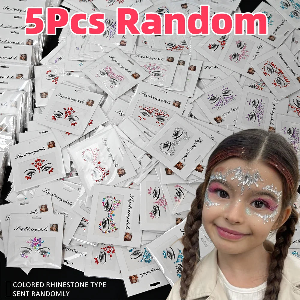 5Pcs 3D Random Face Diamond Tattoos Stickers Colorful Glitter Crystal Gem Sticker for Party Makeup Body Jewel Tattoo Decorations