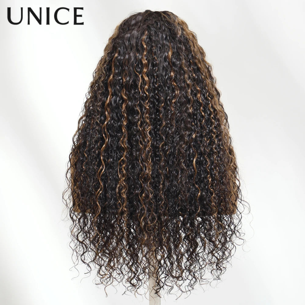 UNICE Hair Golden Brown Highlights Water Curly Wig 13x4 Pre Plucked Pre Cut Pre Bleached Glueless Wig Human Hair 150% Density