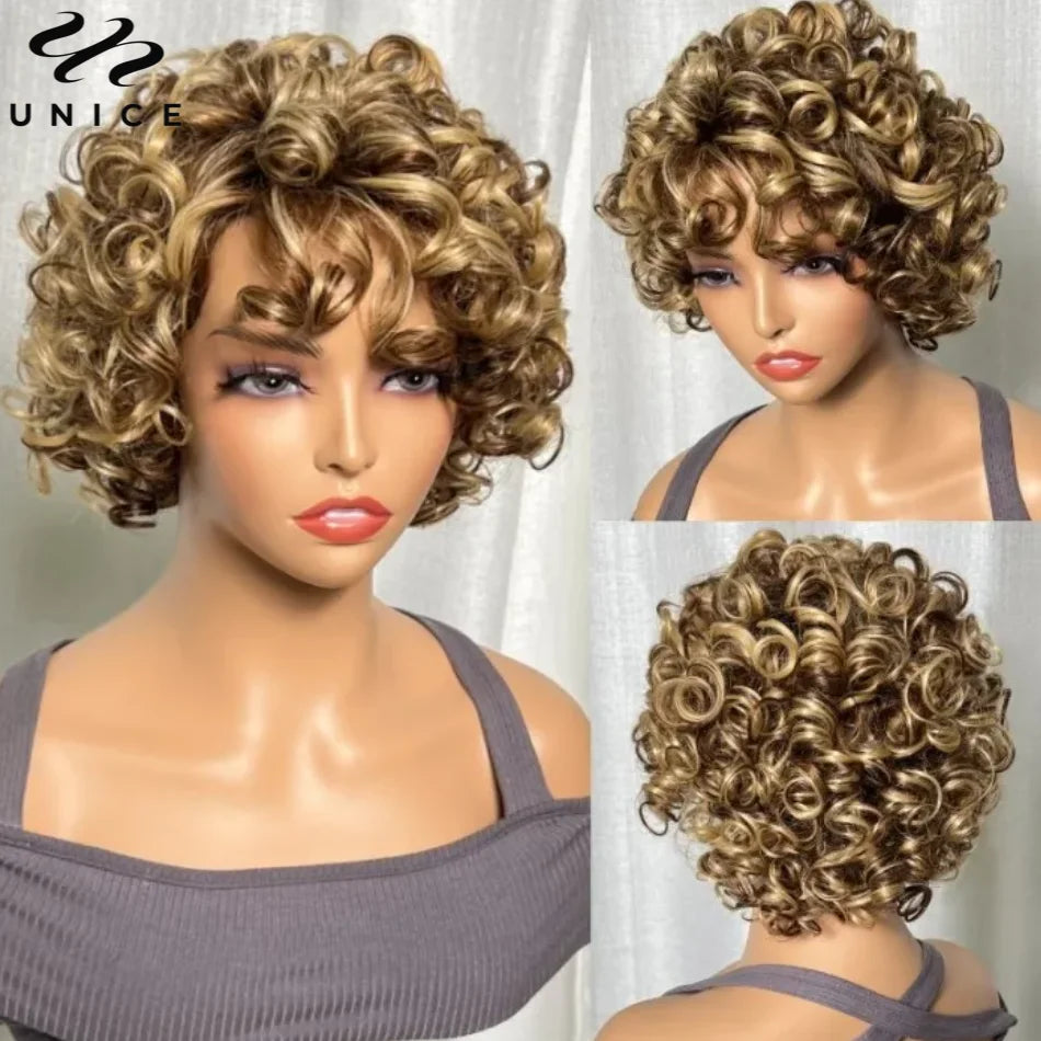 UNice Hair Blonde Curly Wig 100% Human Hair Bouncy Curly Wig with Bangs Open Cap Machine Wigs for Women 8Inch Short Afro Wig