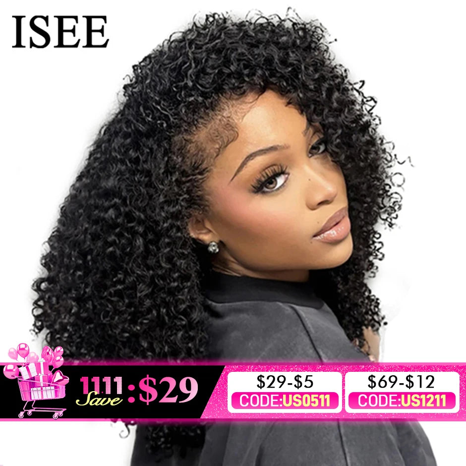 ISEE Hair 3 IN 1 Half Wigs Human Hair Kinky Curly Headband Wig Upgrade Glueless Wigs With Drawstring Seamless Clip Ins Flip Over