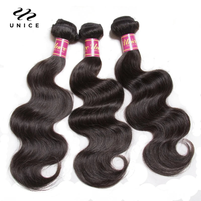 Unice Hair Malaysian Body Wave Hair Bundles 3PCS Natural Color 100% Human Hair Weave Extension Remy Hair 8-30 Inch