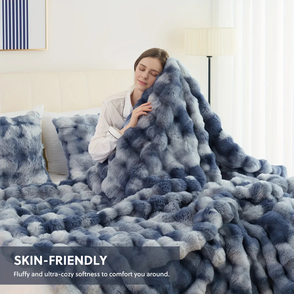 1 PC Faux Rabbit Fur ,Luxury Soft, Warm Bubble Blanket, | Cozy Throw for Bedroom, Guest Room, Living Room,4lb