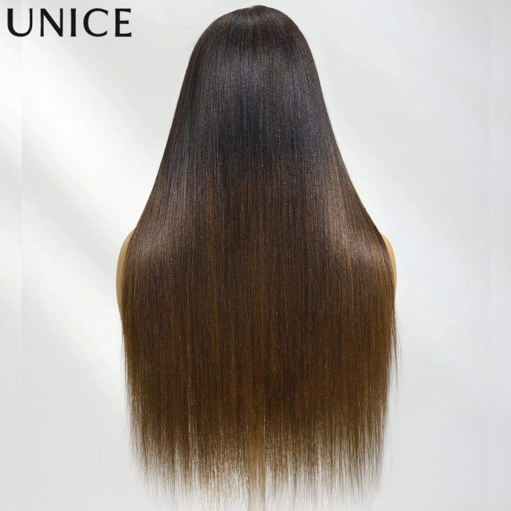 UNICE 7x5 Lace Chestnut Brown Ombre Yaki Straight Wig With Drawstring Pre Cut Pre Bleached Glueless Wig Human Hair Ready To Wear