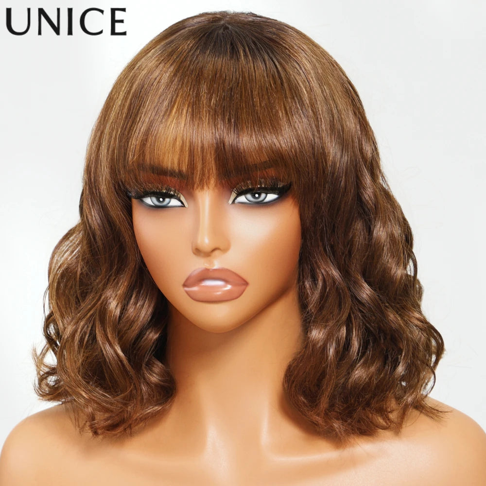 Unice Hair Brown Colored Loose Wave Wig With Bangs 4x2 Lace Short Bob Wig Human Hair Glueless Wig 150% Density