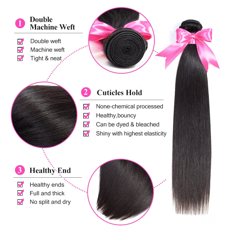 ISEE Brazilian Remy Hair Straight 100% Unprocessed Human Hair Bundles 3 Bundles Hair Weaves Nature Color Can be Dyed