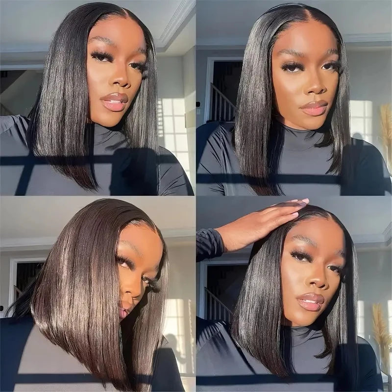 13x4 Lace Front Bob Wig Human Hair 200 Density Brazilian Virgin Straight Hair Wig Pre-Plucked Natural Black