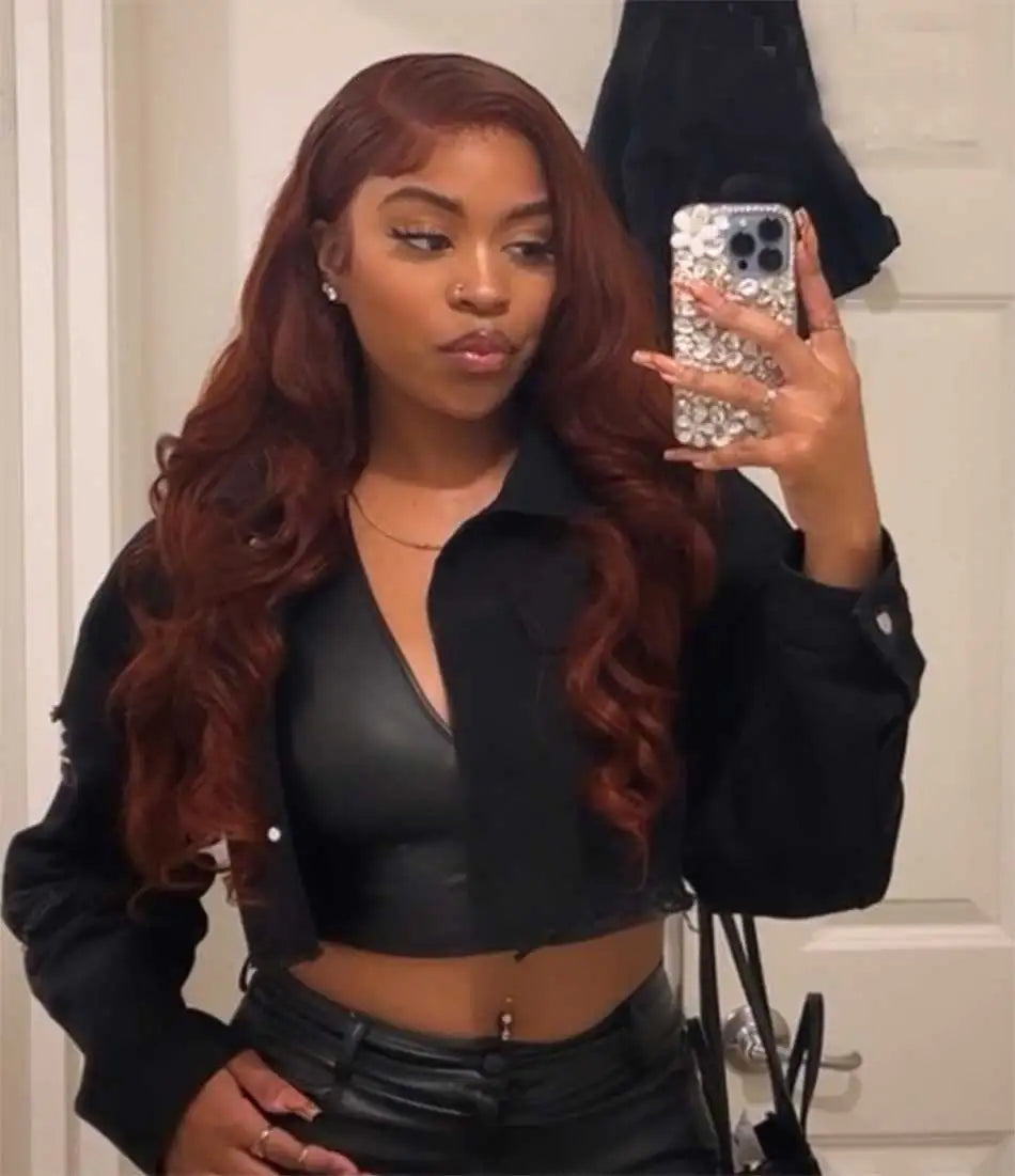 13x4 Auburn Brown Colored Human Hair Lace Front Wigs Wavy HD Lace Frontal Wigs Body Wave Reddish Brown Fall Color Human Hair Wig