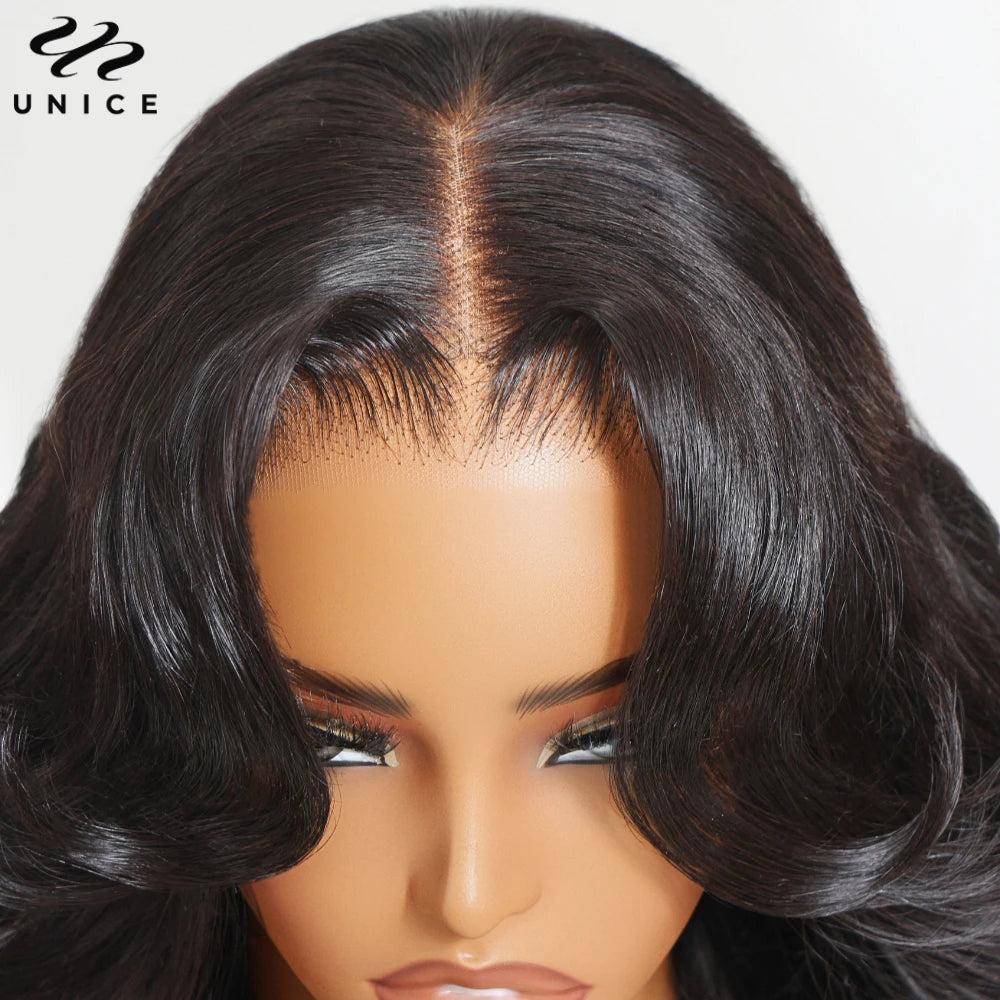UNICE Hair 13x4 HD Real Scalp Wig Drawstring Cap Loose Wave with Face Framing Curtain Bangs Pre Cut Pre Bleached Glueless Wig