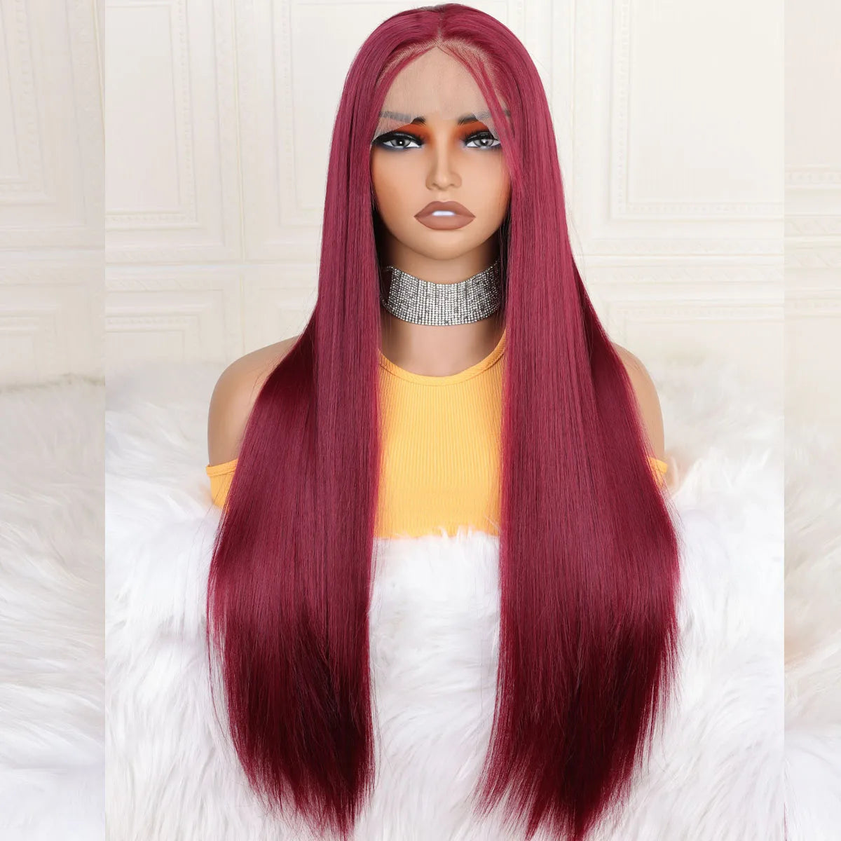 Premium Burgundy Lace Front Wig 26 Inch - 99J Wine Red Straight Synthetic Wig with Baby Hair | Glueless Pre-Plucked 180% Density