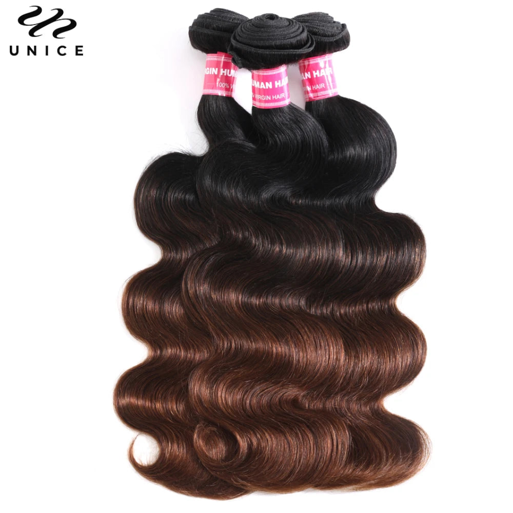 UNice Hair Chestnut Brown Ombre Body Wave Bundles 1/3/4 PCS Deal 100% Human Hair Bundles Sew In Quick Weaves 8-26 Inch