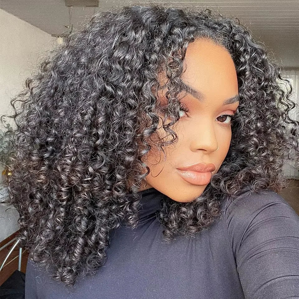 ISEE Hair Glueless Kinky Curly Half Wig 250 density Human Hair Wigs Curly Half Wig With Drawstring Seamless Clip Ins Flip Over