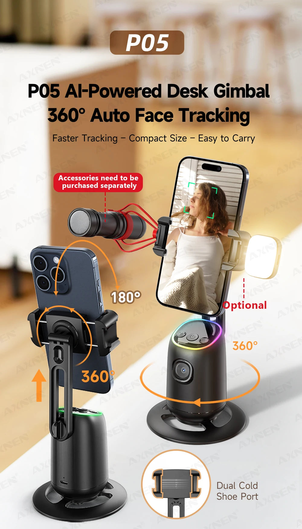 P05 AI Follow Gimbal 360 Rotation Face Tracking Stabilizer Filming Portable Desktop Cellphone Holder for Live/Photo