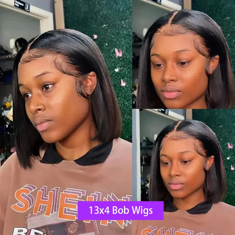 13x4 Lace Front Bob Wig Human Hair 200 Density Brazilian Virgin Straight Hair Wig Pre-Plucked Natural Black