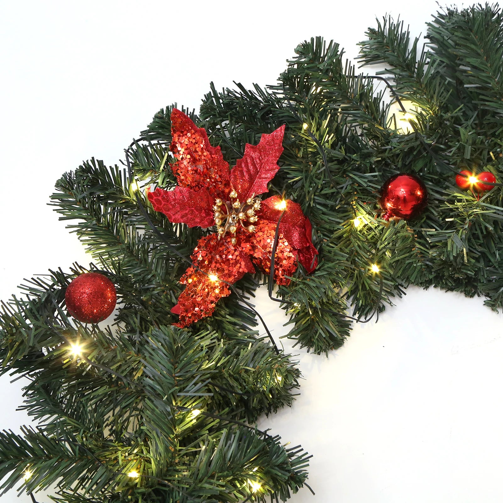 2.7m LED Xmas Fireplace Decor Pre Lit Christmas Garland Door Wreath Pendant (E)