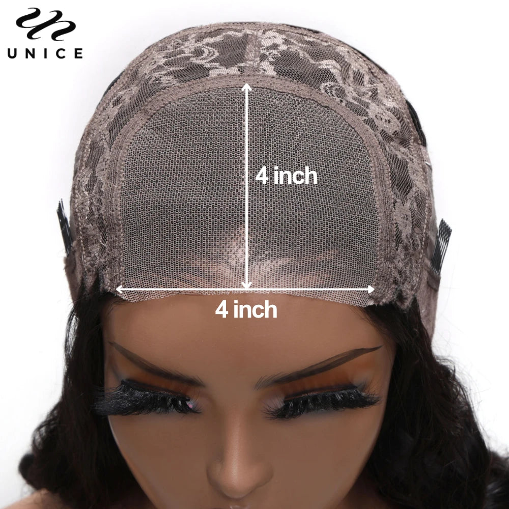 UNICE Hair 4x4 Lace Bob Wig With Side Swept Bangs Pre Cut Pre Bleached Glueless Wig Human Hair Ready To Wear 150% Density