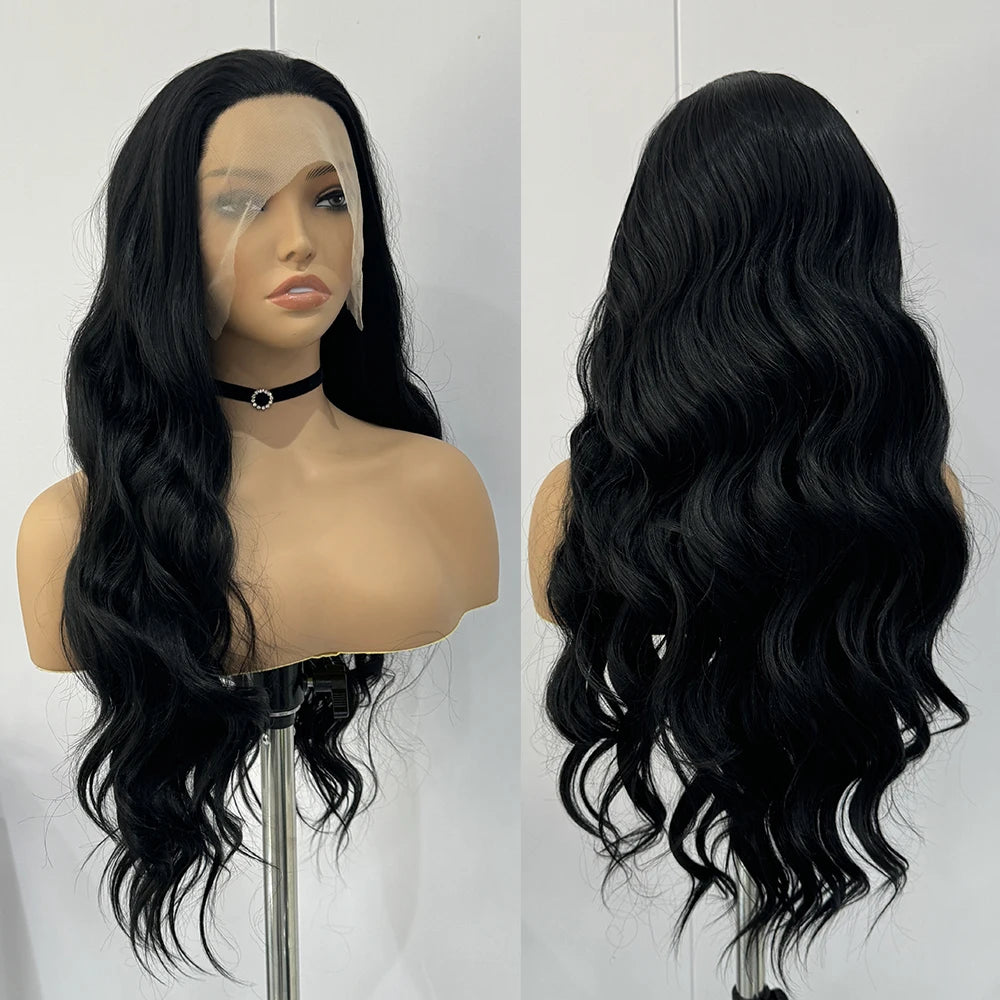Black Wig Synthetic Lace Front Wigs For Women Long Hair Body Wavy Heat Resistant Fiber Front Lace Glueless Wig Daily Use Cosplay