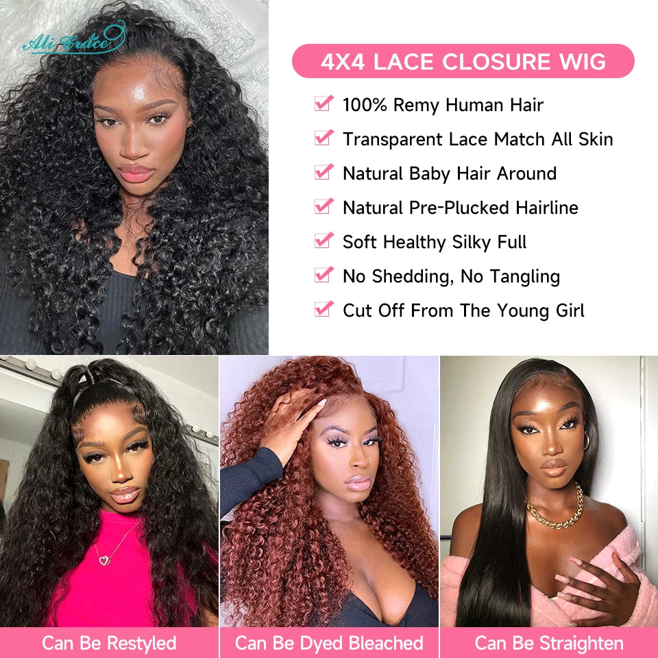 Ali Grace Deep Wave Hair Wigs 4x4 Lace Closure Human Hair Wigs For Women Pre-plucked Hairline Brazilian Deep Wave Closue Wigs