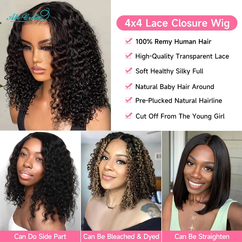Ali Grace 4x4 Closure Wig Deep Wave Human Hair Wigs for Women Transparent Lace Closure Wig Bob Short Deep Wave Closure Bob Wig