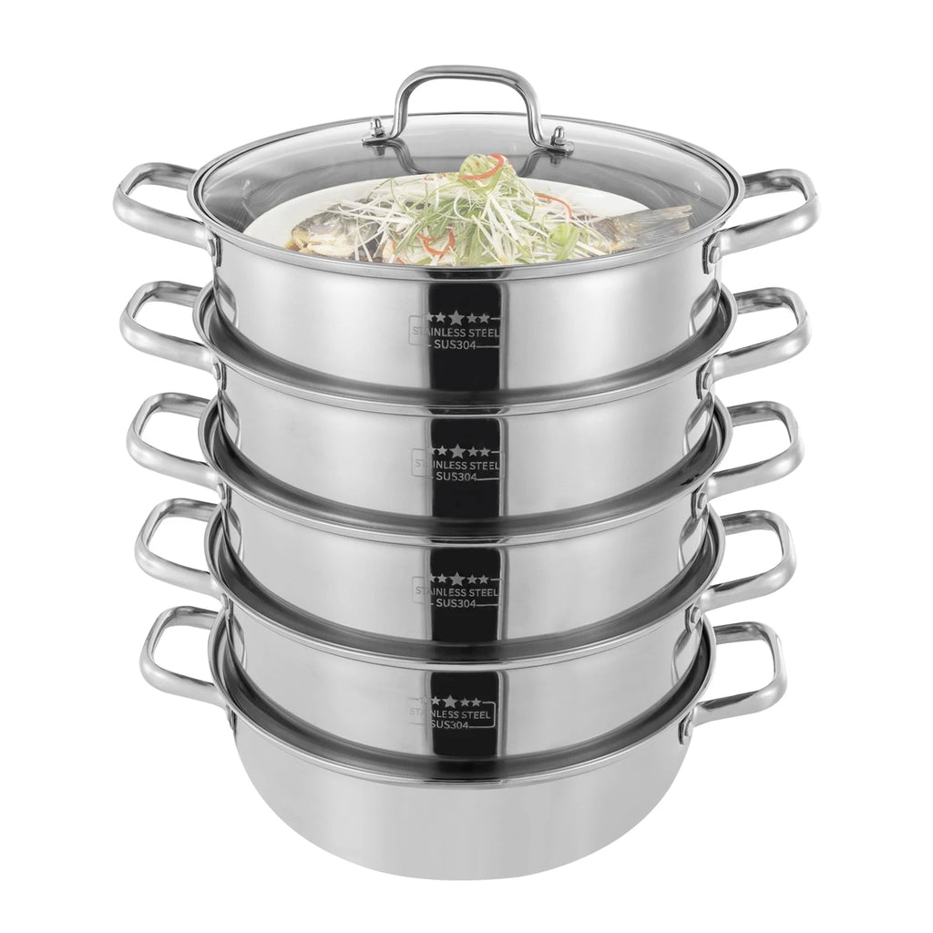 5 Tier  26/28/30/32cm Steame Cooker Steamer Pan Cook Food Veg Pot Stainless Steel Silver w/Glass Lid