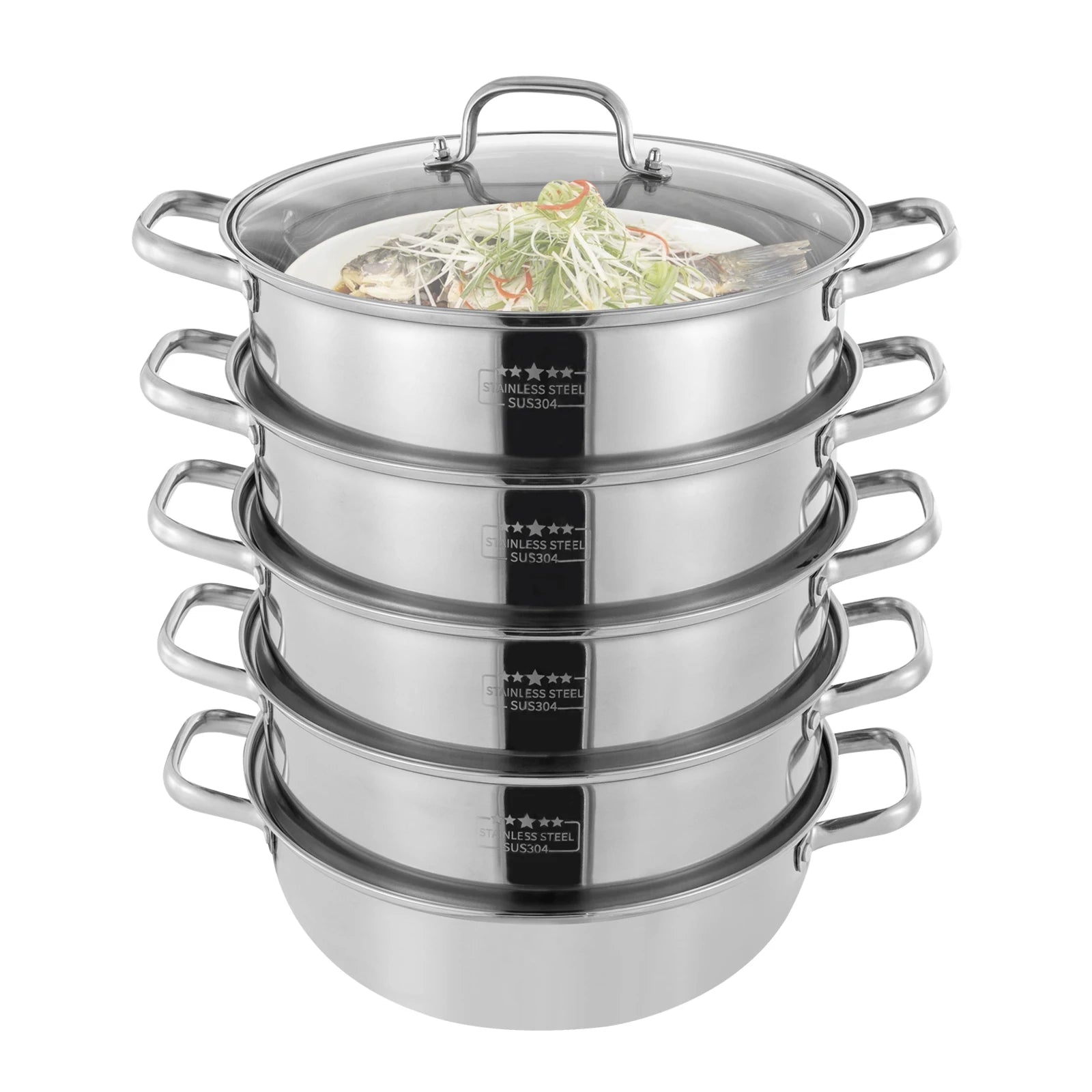 5 Tier  26/28/30/32cm Steame Cooker Steamer Pan Cook Food Veg Pot Stainless Steel Silver w/Glass Lid