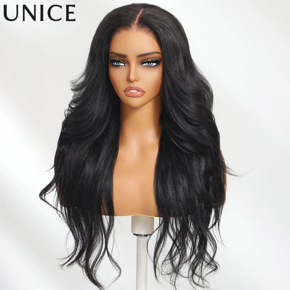 Unice Hair Wavy Yaki Straight Wig With Flip Out Bang 7x5 Pre Cut Pre Bleached Glueless Wig Human Hair Ready To Wear 150% Density