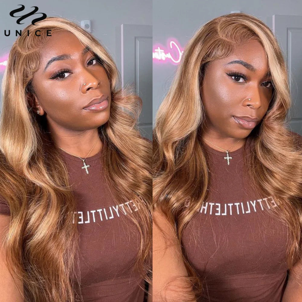 UNice Hair Pre Bleached Knots 7x5 Lace Wig TL412 Brown Blonde Highlight Body Wave Wig Human Hair Lace Front Wig Glueless Wear Go