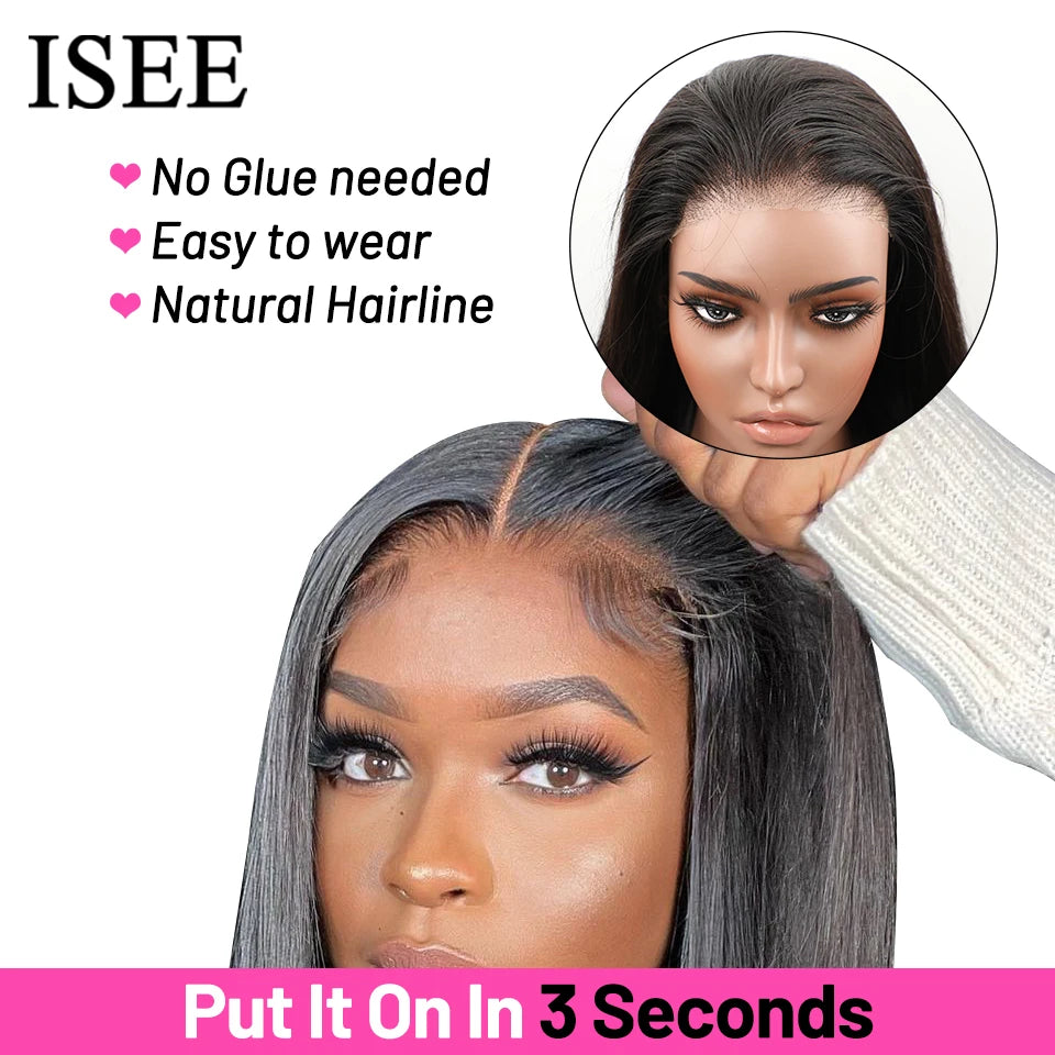 ISEE HAIR Wear And Go Glueless Human Hair Wig Bob HD Lace Straight Short Bob 7x5 Lace Frontal Pre Plucked Human Wigs Ready To Go