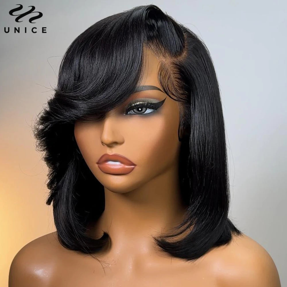 UNICE Hair 4x4 Lace Bob Wig With Side Swept Bangs Pre Cut Pre Bleached Glueless Wig Human Hair Ready To Wear 150% Density