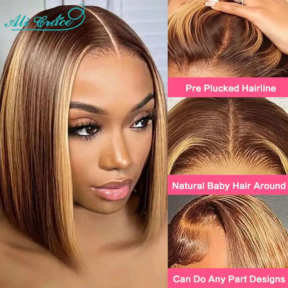 Ali Grace Highlight Brown Wig Straight Short Bob Wigs Ombre Color Human Hair Wigs 4X4 Lace Closure Wig Blunt Bob Wig Pre-Plucked