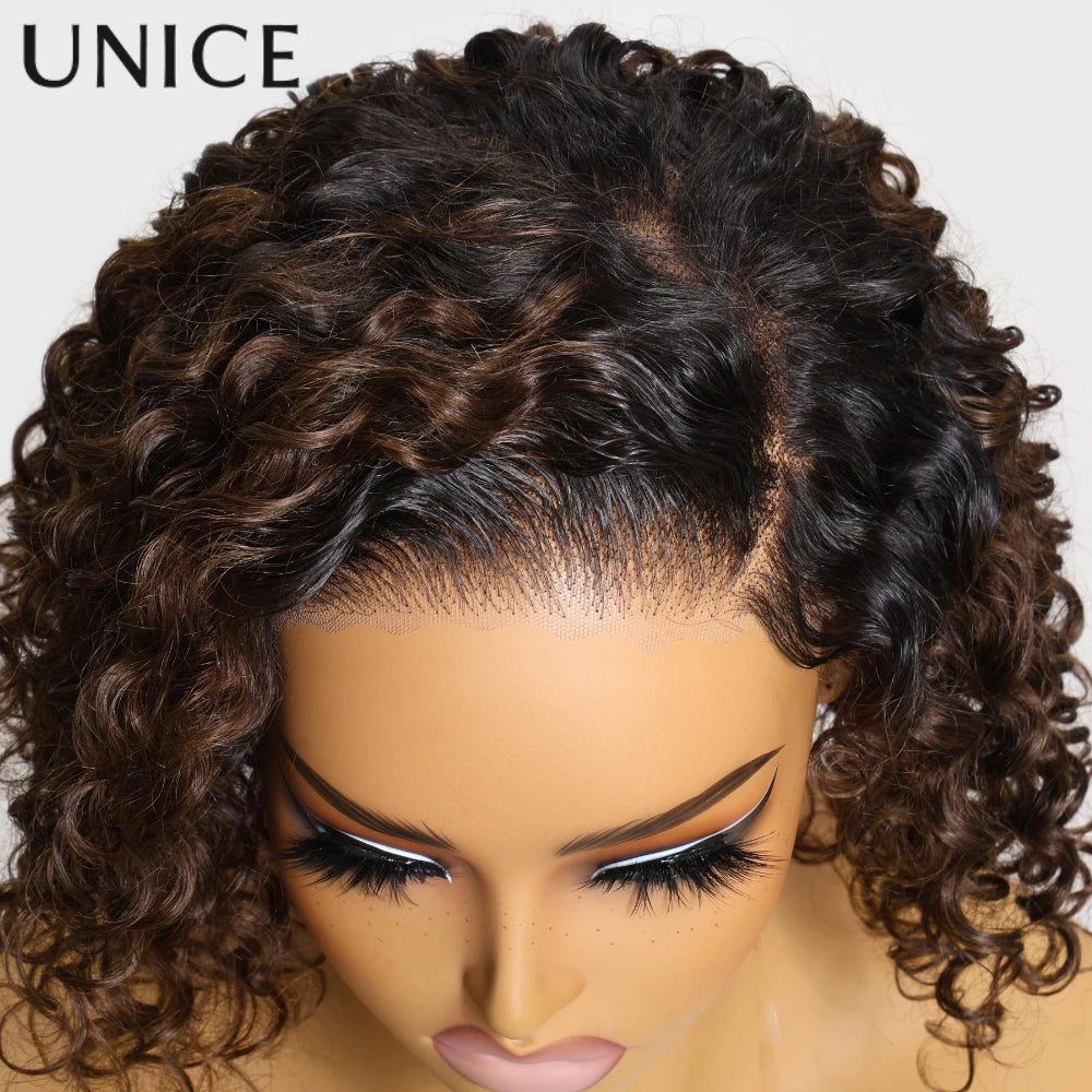 UNICE Hair Short Curly Bob Wig 7x5 Pre Cut Pre Bleached Glueless Wigs Human Hair Ready To Wear 150% Density