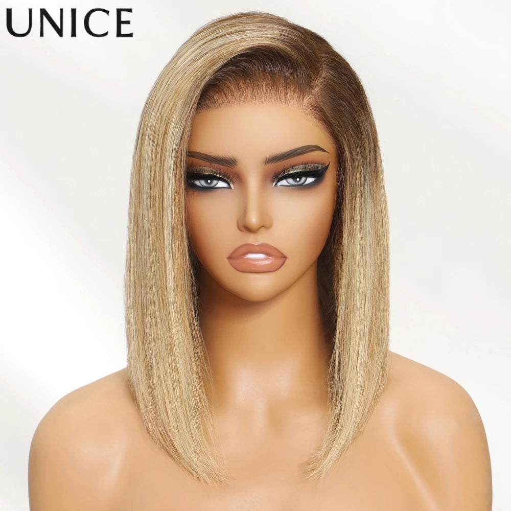 Unice Hair Ombre Blonde Straight Bob Wig 7x5 Pre Cut Pre Bleached Glueless Wig Human Hair Bob Wigs 150% Density