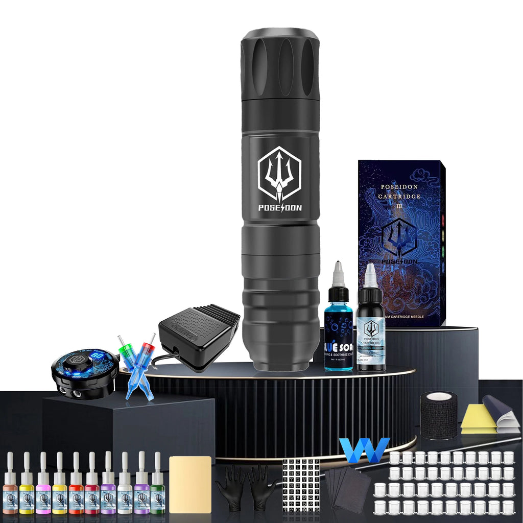 Tattoo Kit POSEIDON High Power Tattoo Pen Kit For Permanent Makeup Tattoo Machine Kit Black Wired Tattoo Power Supply Tattoo Gun
