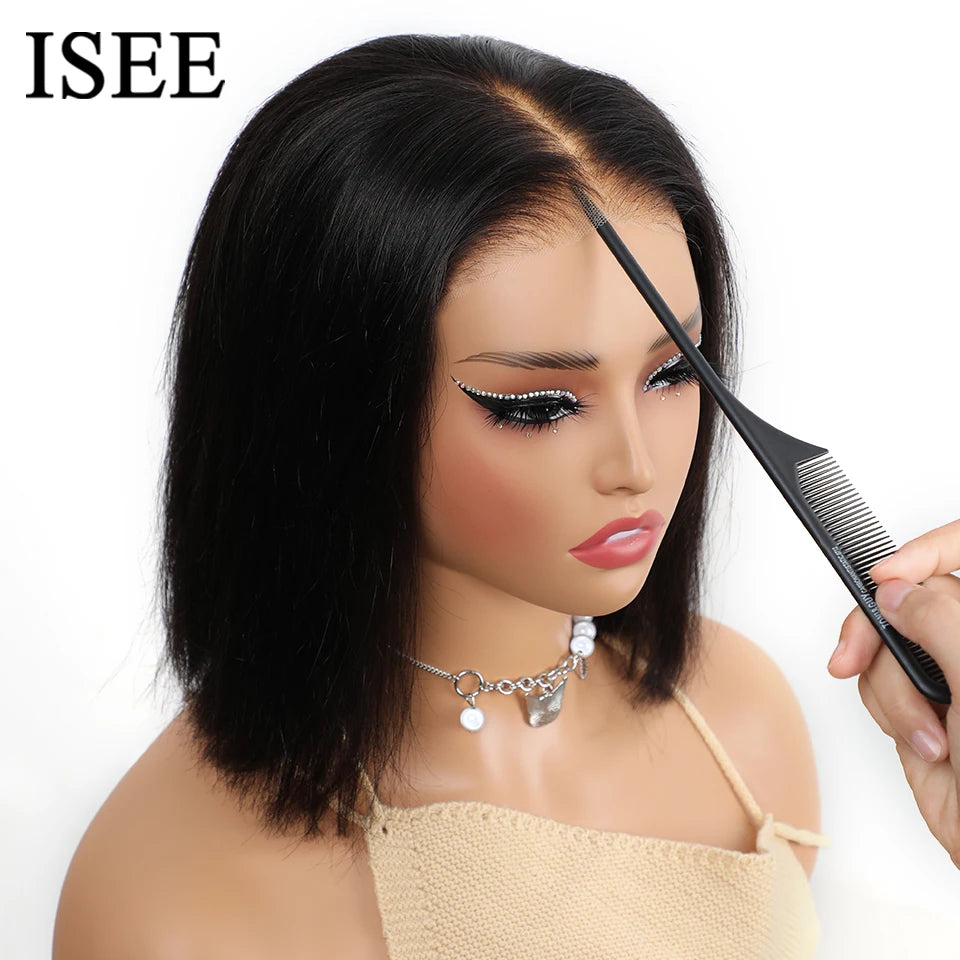 ISEE HAIR Wear And Go Glueless Human Hair Wig Bob HD Lace Straight Short Bob 7x5 Lace Frontal Pre Plucked Human Wigs Ready To Go