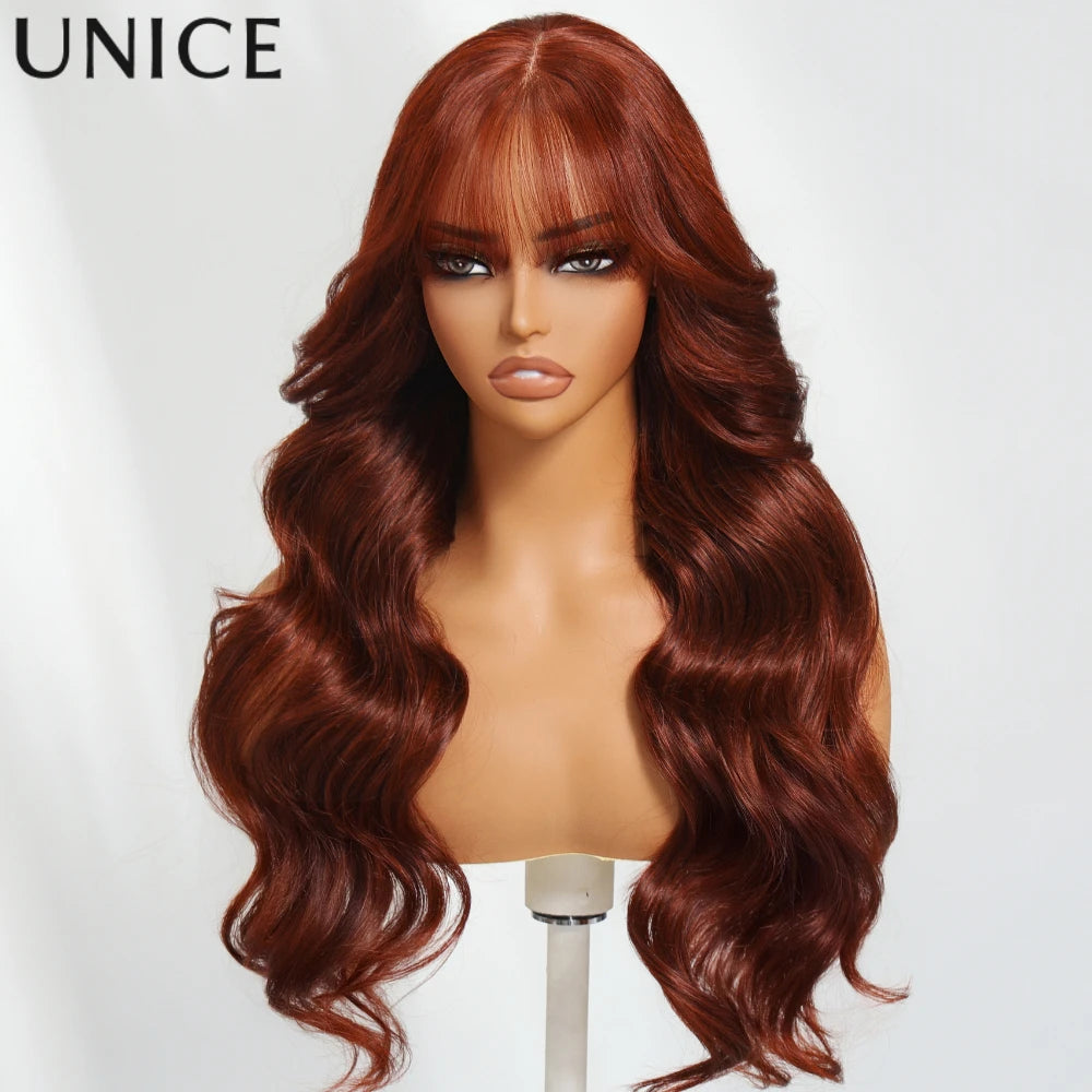 Unice Hair Loose Wave 13x4 Human Hair Lace Frontal Wig With Bangs Pre Cut Pre Bleached Pre Plucked Lace Front Human Hair Wig